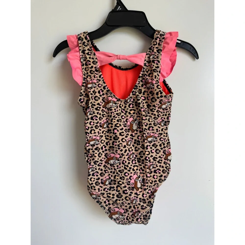 Buc-ees Girls 5T One Piece Swimsuit Leopard Print Pink Ruffle Bow‎ Swimwear